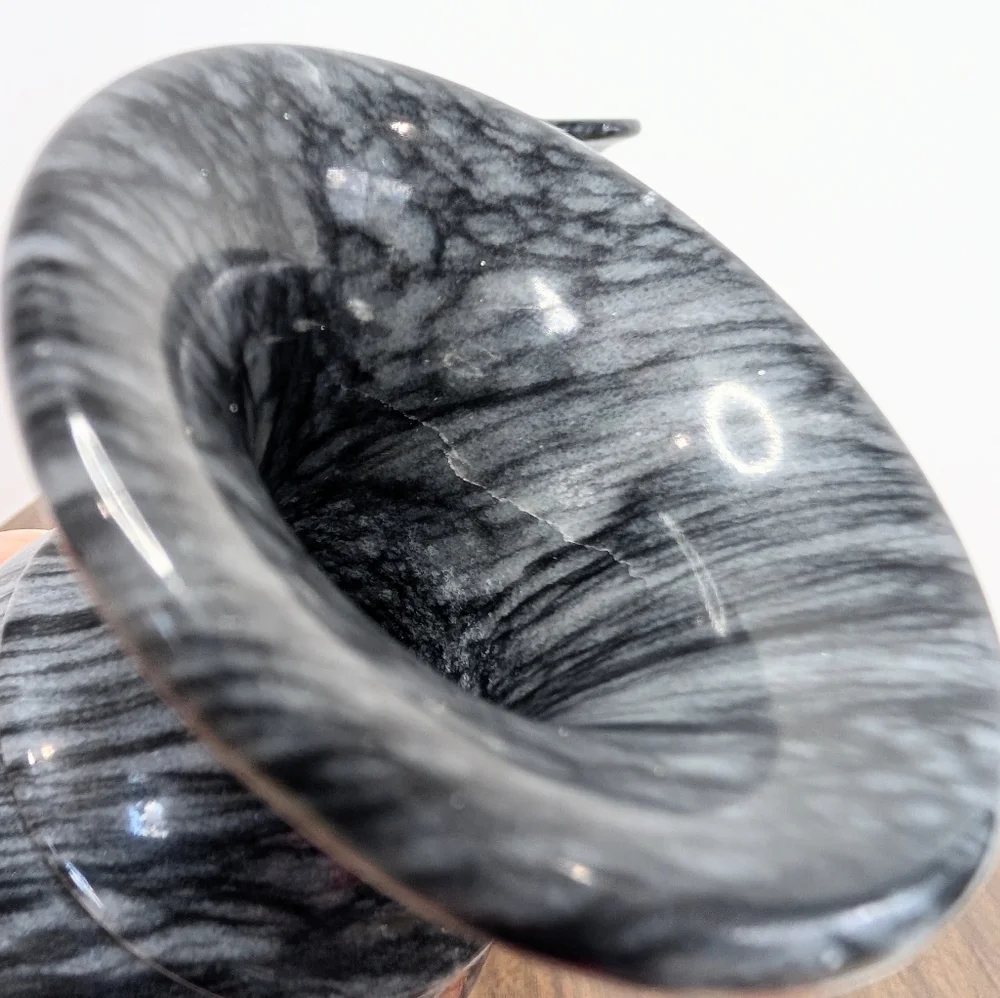 Pair Of Black & Gray Quartz Vained Marble Floral Etched Footed Vases Solid Stone